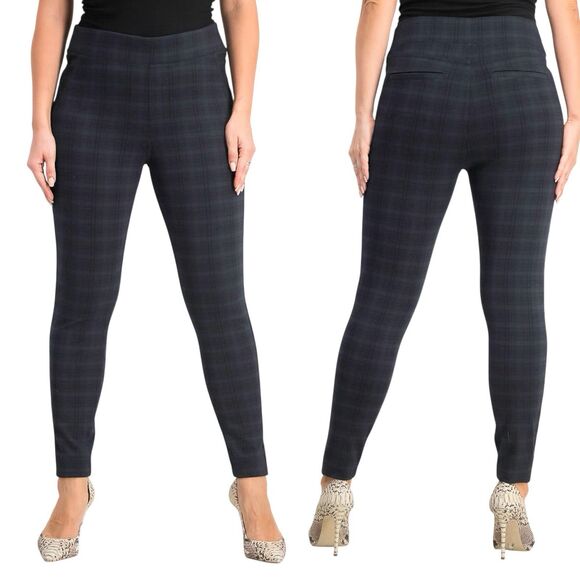 Liverpool Pull On Legging 12/31 Pant Ponte Knit Night Sky Blue Plaid Stretch EUC - Picture 1 of 12